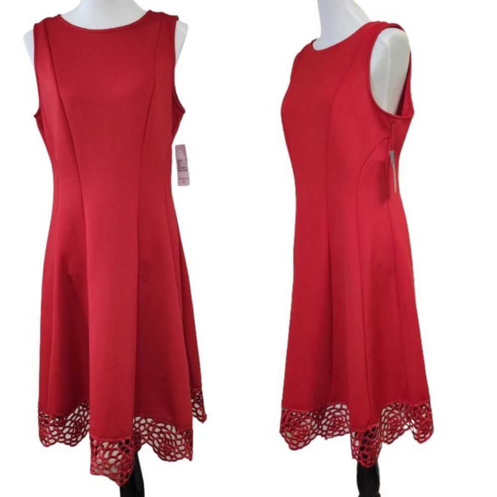 🆕️⬇️Donna Ricco Red Sleeveless Fit and Flare Dress with Cutout Crochet Hemline